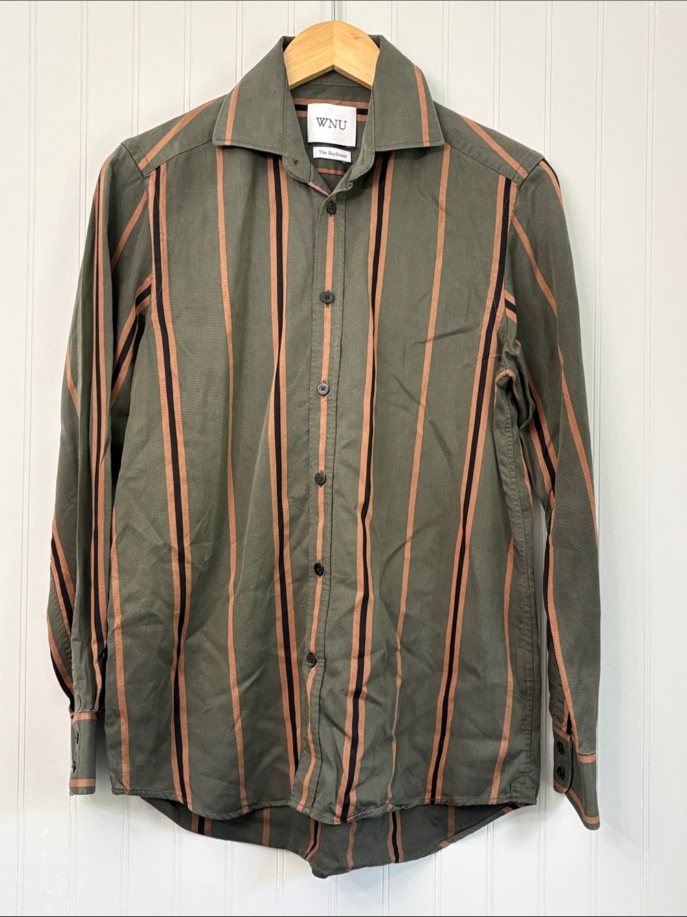 WNU The Boyfriend Long Sleeve Button Down Shirt Women Size 6 Green Brown Black